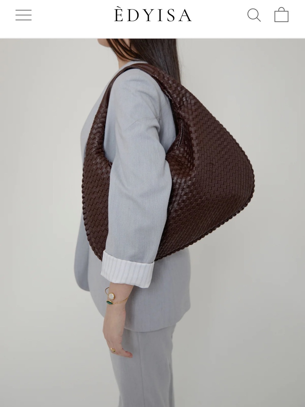 ÉDYISA Woven Leather Hobo Bag in Dark Brown coffee